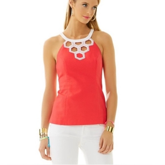 Lilly Pulitzer Annabelle High Neck Lace Trim Halter Top in Island Coral, Size 2 - Picture 1 of 11